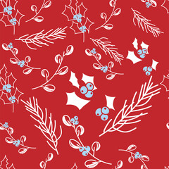 Vector. Merry Christmas, Happy New Year seamless pattern with leaves, berries, holly and spruce branches. Seamless winter background. Design for wrapping paper, greeting cards, textiles, branding.