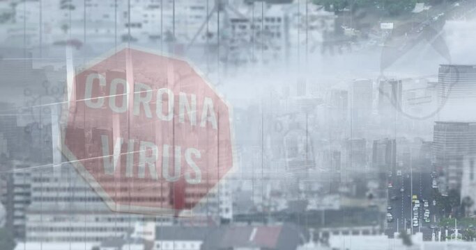 Animation of corona virus prohibition sign over cityscape