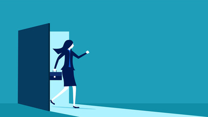 New employees enter the workforce. business woman opens the door to enter. business concept vector illustration eps