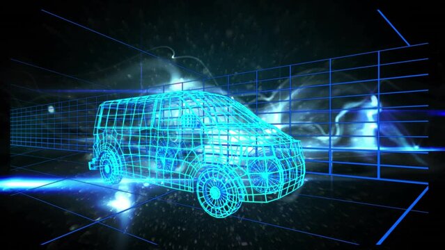 Animation of car project over black space with blue waves