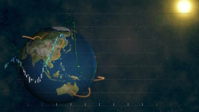 Animation of graphs over globe and sun on black background