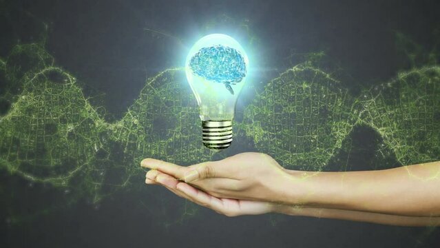 Animation of waves over bulb with brain over hands of caucasian woman on black background