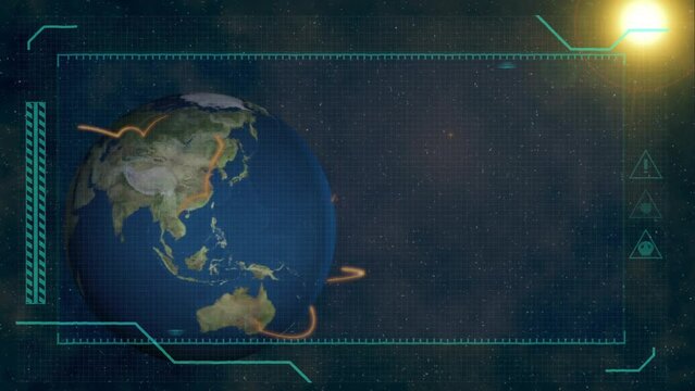 Animation of digital screen over globe and sun on black background