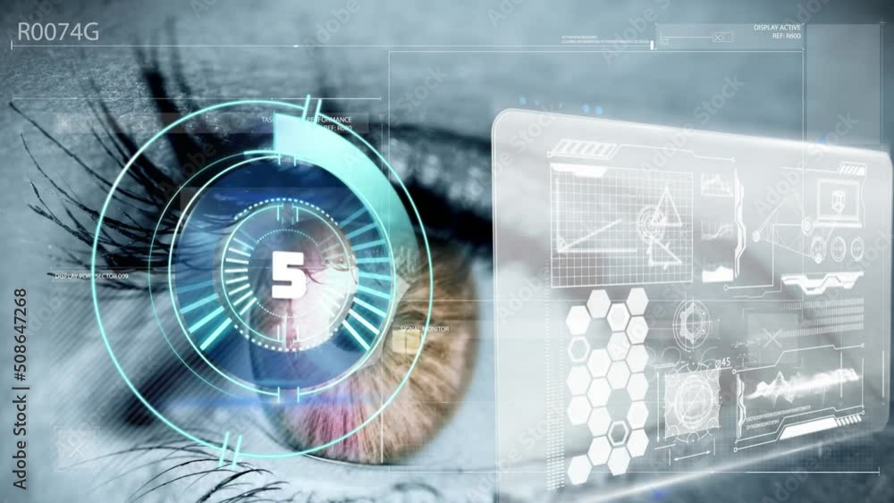 Poster animation of processing circle with counting and data on digital screen over eye of caucasian woman
