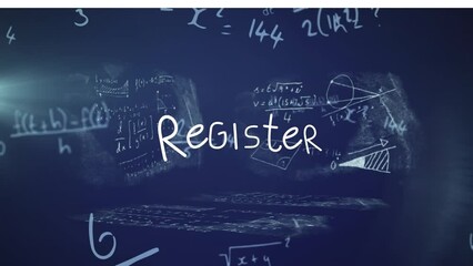 Animation of register over navy background with math formulas - Powered by Adobe