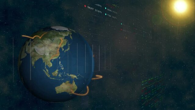 Animation of data processing over globe and sun on black background