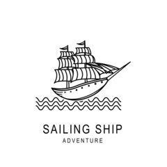 Sailing ship adventure logo template design in outline style. Vector illustration.