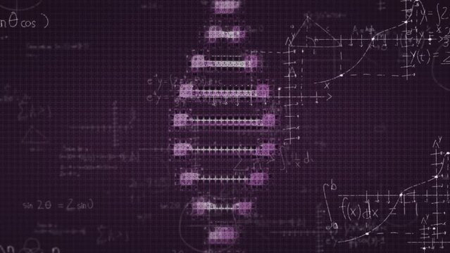 Animation of dna rotating and data processing on violet background