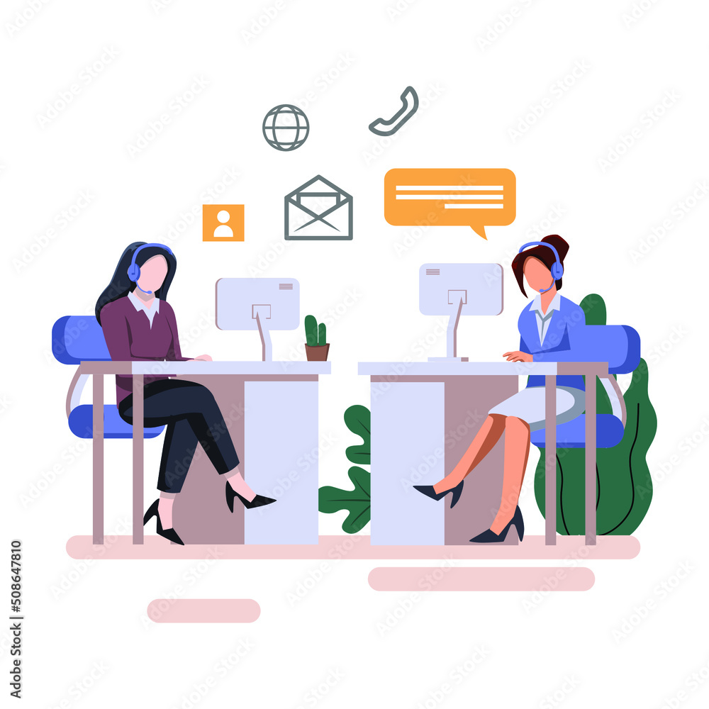 Poster hotline operators consult customers with headsets on computers flat style illustration
