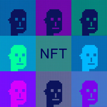 Cryptopunk NFT collection inspired illustration artwork, Non fungible tokens crypto currency technology, Unique art collectibles concept design idea, NFT project