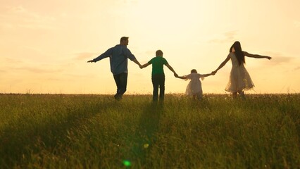 Big happy family is walking on summer field holding hands. Joyful parents, children playing running in park at sunset. Family walks on green grass in meadow. Family walk in nature. Young family in sun