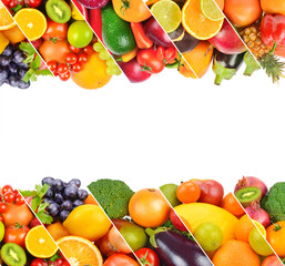 Сollage of fresh fruits and vegetables for layout isolated on white . Place for your text.