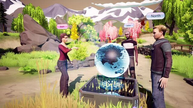 Human avatars communicate and interacting in the metaverse. Meetings in virtual space, artificial world. Cross-platform social networking. Metaverse as a virtual co-working, realization of NFT