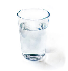 Glass of water. Realistic watercolor painting with kitchen item isolated on white with blue shade. Clear fresh water in transparent cup
