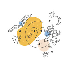 Round face decorated with leaves and daisy flowers, moon and stars. Decorative linear vector composition. Freehand drawing. For prints, stickers, cards, etc.