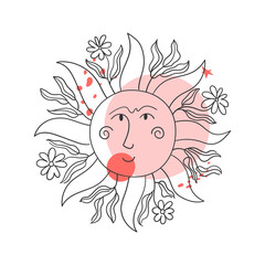 Linear sun illustration with flowers and leaves decorated with red organic spots. For prints, stickers, cards, etc. Vector freehand drawing.