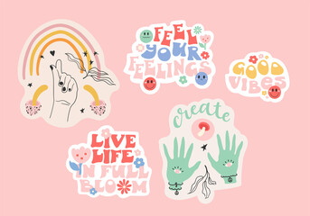 Set of stickers with lettering about 70s. Vector. Cute designs in pastel colors.