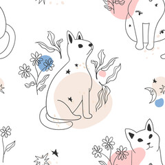 Seamless pattern on white background with a linear drawing of a cat decorated with leaves and flowers. For prints, backgrounds, wrapping paper, textile, linen, wallpaper, etc. 