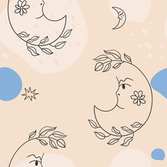Vintage background. Seamless pattern in beige and blue colors with linear illustrations - moon, daisy flower, leaves. For prints, backgrounds, wrapping paper, textile, linen, wallpaper, etc. 