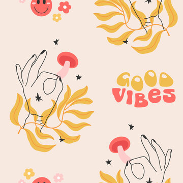 70's vintage seamless pattern with hand holding mushroom, good vibes lettering and leaves. Yellow and red on beige background. For prints, backgrounds, wrapping paper, textile, linen, wallpaper, etc. 