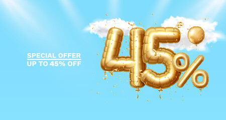 45 Off. Discount creative composition. 3d Golden sale symbol with decorative objects, golden confetti. Sale banner and poster. Vector