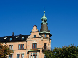 Tower and facade of Historical building on Strandvagen boulevard Stockholm Sweden