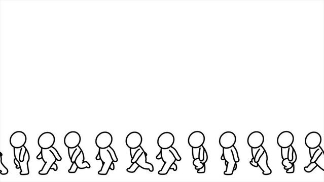 Happy cartoon group of stickmen ordinary people walking. White characters with black outline. Seamless loop, alpha channel.