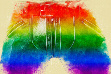 leather pants with rainbow colors for gay pride in watercolor style - obrazy, fototapety, plakaty