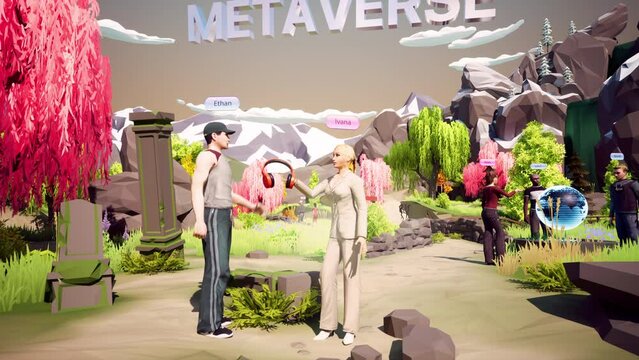 Human avatars communicate and interacting in the metaverse. Meetings in virtual space, artificial world. Cross-platform social networking. Metaverse as a virtual co-working, realization of NFT