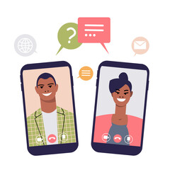 Black man and woman communicate online using mobile phones. Businessman and business woman on phone screens with speech bubbles. Concept of virtual meetings, video calls. Flat vector isolated.