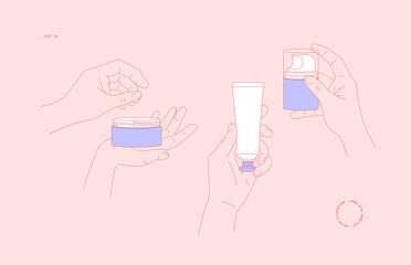 Women hands holding cosmetic bottles. Outline flat illustrations. Vector illustration