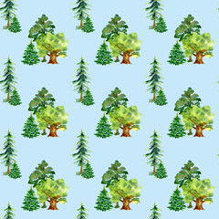 Seamless pattern of watercolor spruce trees, oak tree, pine trees with grass isolated on a blue background