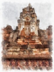 Ancient Ruins in Sukhothai World Heritage Site watercolor style illustration impressionist painting.