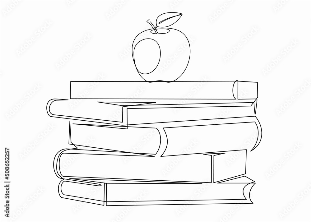Aufkleber continuous one line drawing of apple above books stack minimalist vector illustration design on whit