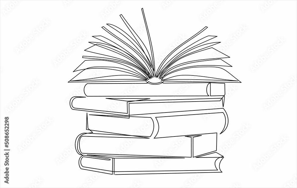 Poster continuous one line drawing of books stack minimalist vector illustration design on white background