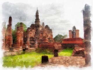 Fototapeta na wymiar Ancient Ruins in Sukhothai World Heritage Site watercolor style illustration impressionist painting.