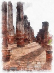 Obraz na płótnie Canvas Ancient Ruins in Sukhothai World Heritage Site watercolor style illustration impressionist painting.
