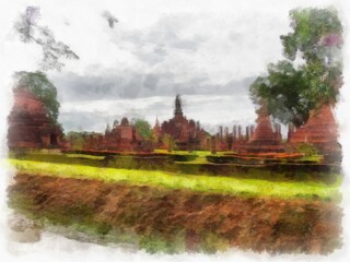 Obraz premium Ancient Ruins in Sukhothai World Heritage Site watercolor style illustration impressionist painting.