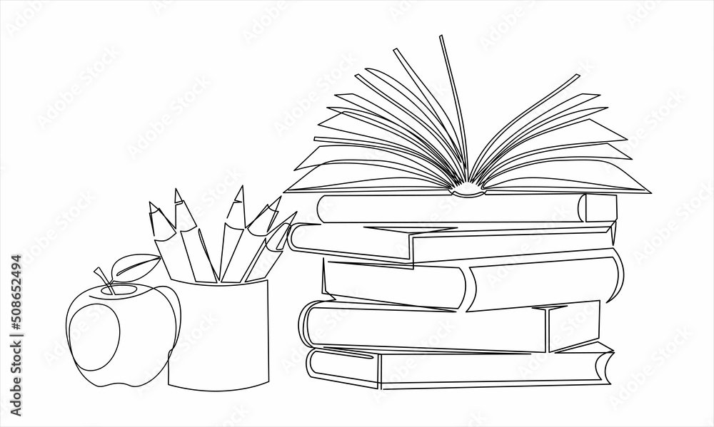 Poster continuous one line drawing of books stack, pencils and apple minimalist vector design on white back