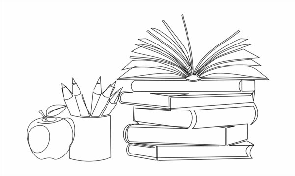 Continuous one line drawing of  books stack, pencils and apple minimalist vector design on white background. Isolated simple line modern graphic style. Hand drawn graphic concept for education.