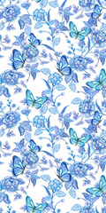 vertical seamless texture with graceful floral ornament and butterflies. watercolor painting