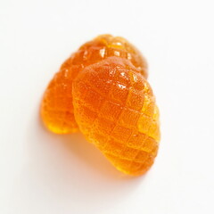 Marmalade. Fruit jelly. Sea buckthorn and pumpkin marmalade isolated on white background, top view.