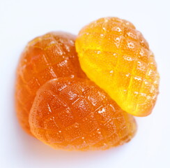 Marmalade. Fruit jelly. Sea buckthorn and pumpkin marmalade isolated on white background, top view.