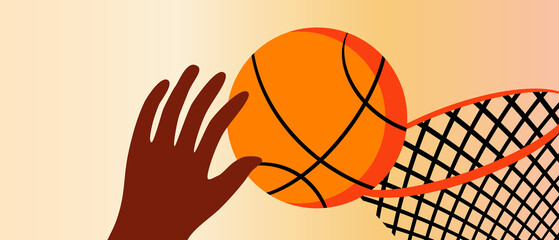 Basketball in basket and African hand, flat vector stock illustration with African basketball player