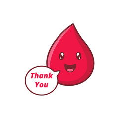 Cute happy funny blood drop character with Thank You phrase in the speech bubble. Icon or Mascot for World Blood Donor Day. Flat Style Cartoon Vector Illustration