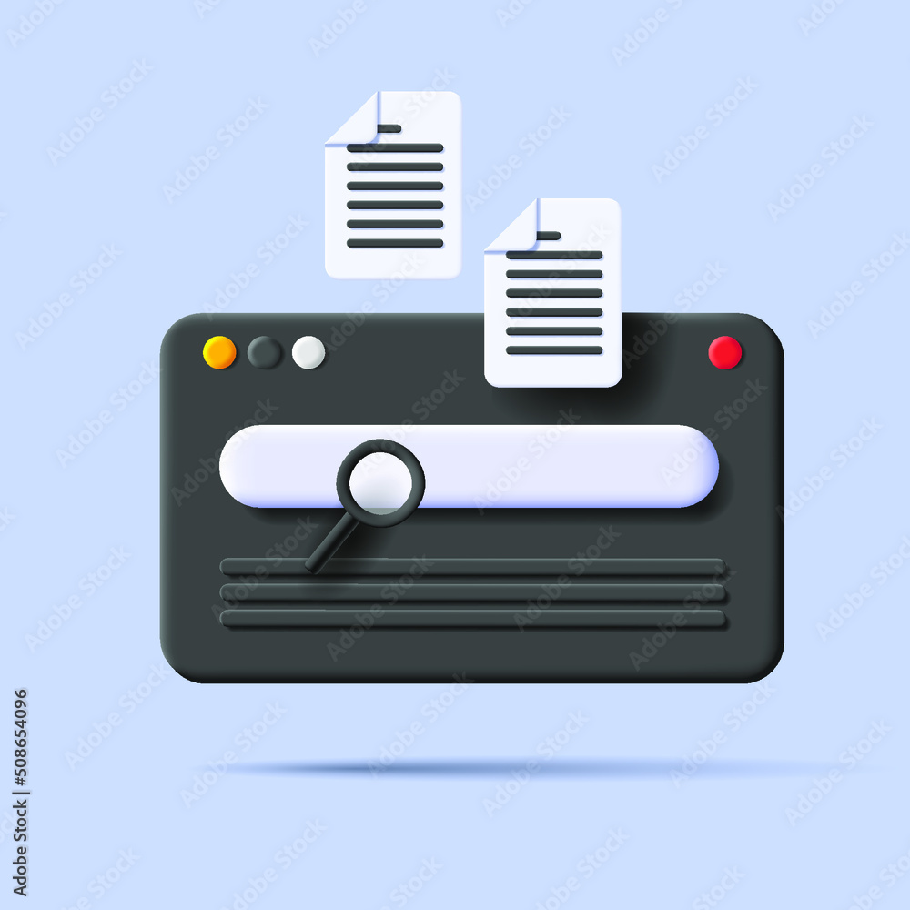 Poster 3d render illustration of browser window with search bar and files. vector illustration