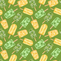 Watercolor ice cream seamless pattern. Hand drawn fruit popsicle illustrations on green background. Summer fruit frozen dessert. Yummy food repeated design for fabrics, wrapping, print, package.
