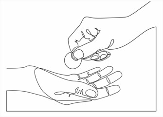 Continuous line drawing of hand hold money coin to give charity donate or pay something. Vector illustration