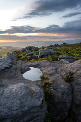 Panoramic view from The Roaches at sunset in the Peak District National Park.