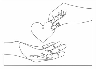 hand drawn doodle hand giving and receiving love illustration in continuous line art style